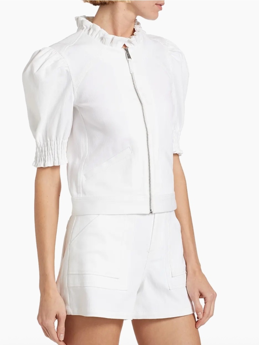 Cinq à Sept Anabella Ruffled Zip Jacket White Twill Ruffle Puff Sleeve Size 00